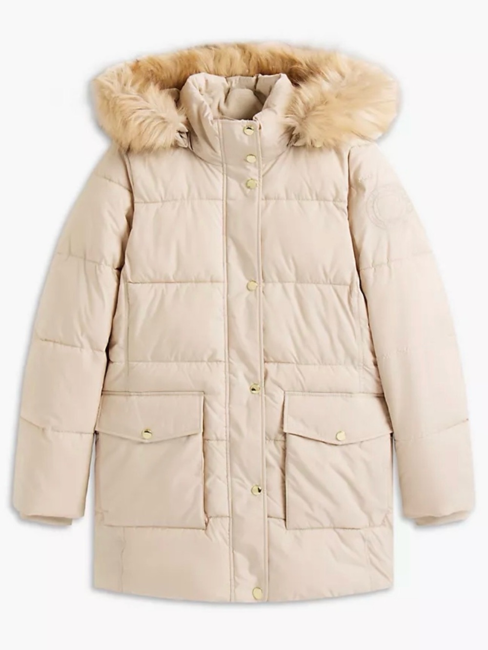 Tommy Hilfiger Cream Quilted Puffer Coat with Faux Fur Hood